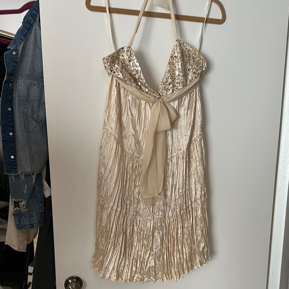 BCBG Cream and Gold Sequin Mini Dress